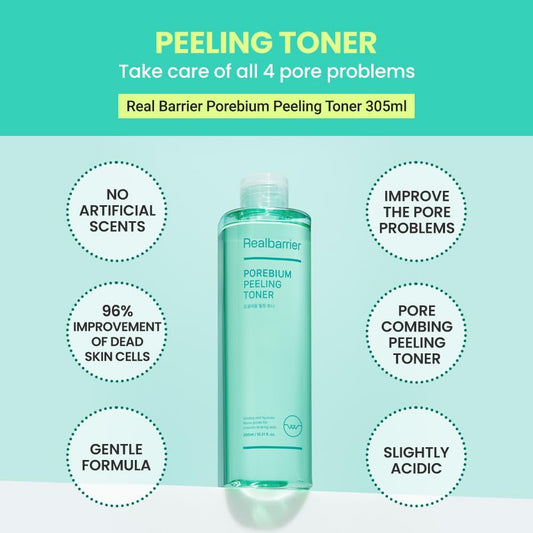 Real Barrier Porebium Peeling Toner, 305Ml,10.31 Fl Oz, No Sebum Solution For Oily Skin, Dead Skin Cells Exfoliator For Sensitive Skin, Sebum Blackhead Control For Skin, Korean Skin Care