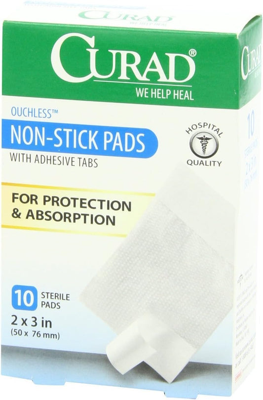 Curad Non-Stick Pads, 2 Inches X 3 Inches With Adhesive Tabs, 10 Count