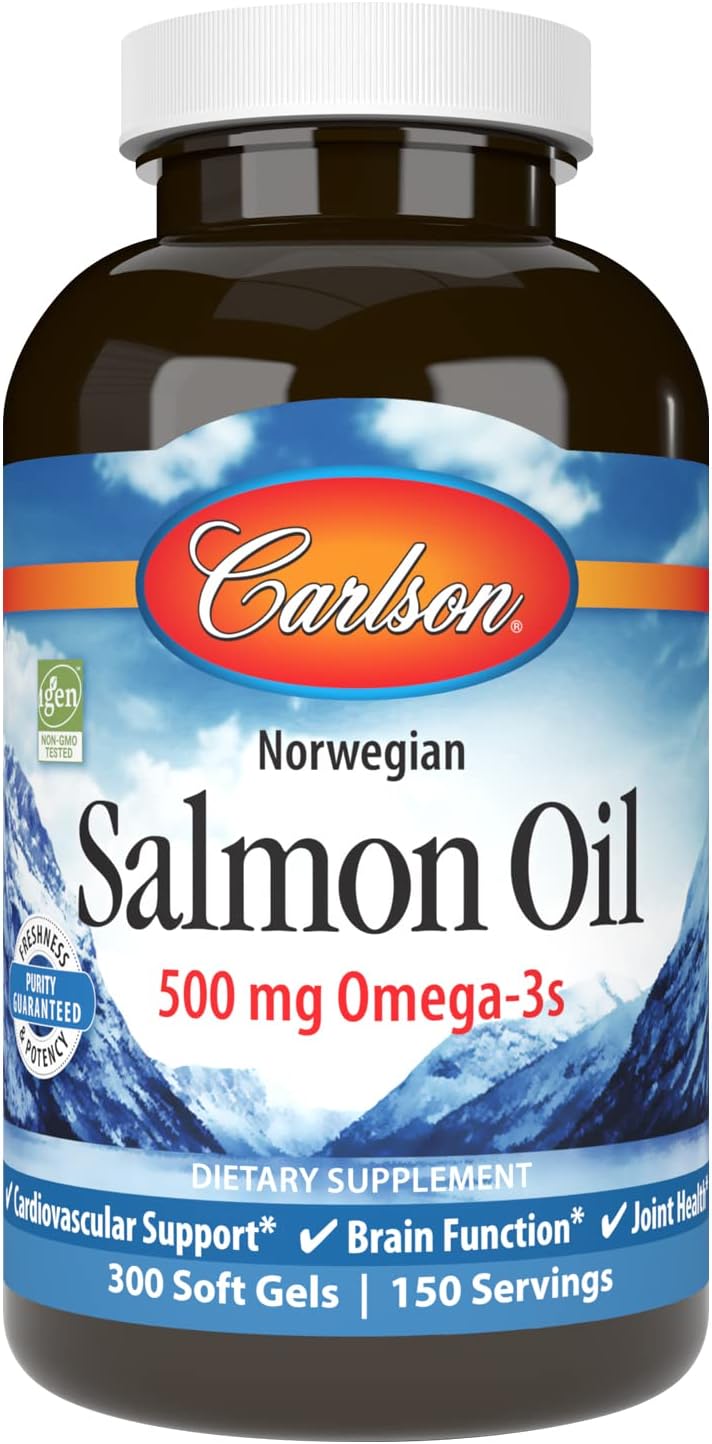 Carlson - Norwegian Salmon Oil, 500 mg Omega-3s, Norwegian Salmon Oil Supplement, Wild Caught Omega 3 Salmon Oil Capsules, Sustainably Sourced, Brain, Heart & Joint Health, 300 Softgels