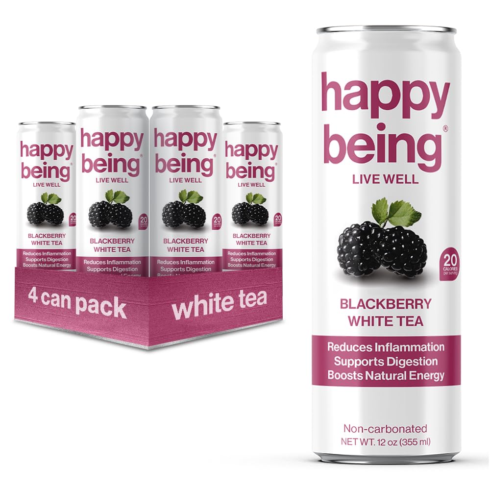 Happy Being Nutrient-Rich Organic Blackberry Citrus White Tea – Infused With Turmeric, Elderberry, Vitamin D3, Caffeine Free, Plant-Based, Low Calorie & Low Sugar Drinks, 12Oz (4 Pack)