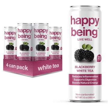 Happy Being Nutrient-Rich Organic Blackberry Citrus White Tea – Infused With Turmeric, Elderberry, Vitamin D3, Caffeine Free, Plant-Based, Low Calorie & Low Sugar Drinks, 12Oz (4 Pack)