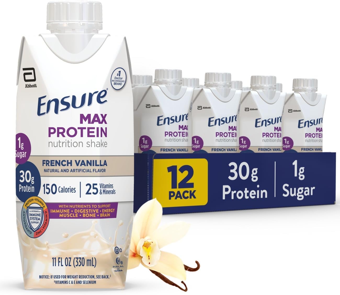 Ensure Max Protein Nutrition Shake With 30G Of Protein, 1G Of Sugar, High Protein Shake, French Vanilla, Liquid, 11 Fl Oz (Pack Of 12)