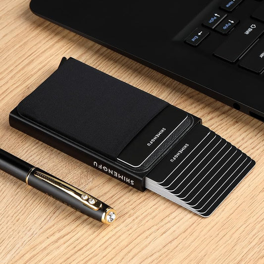 VALUEVIBES Card Case, Slim Card Holder Wallet, RFID Blocking Metal Pop-Up Credit Card Case, 12-Card Capacity Minimalist Wallet for Men (Black)
