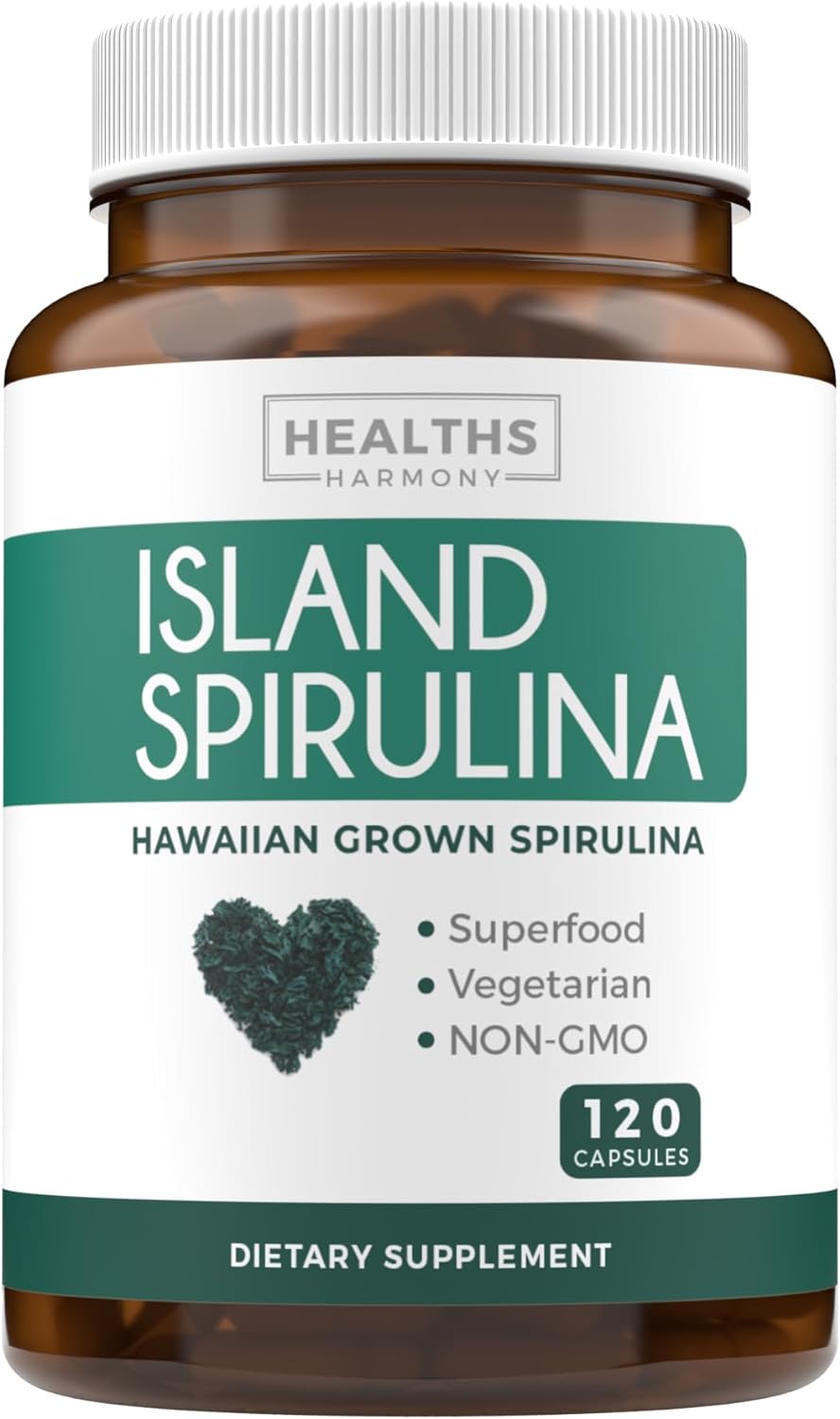 Healths Harmony Spirulina Capsules (Non-GMO) 120 Vegetarian Capsules 500mg - Grown in Hawaii USA - Blue Green Algae Vegan Superfood from Spirulina Powder - Gluten Free & Non-Irradiated - No Tablets