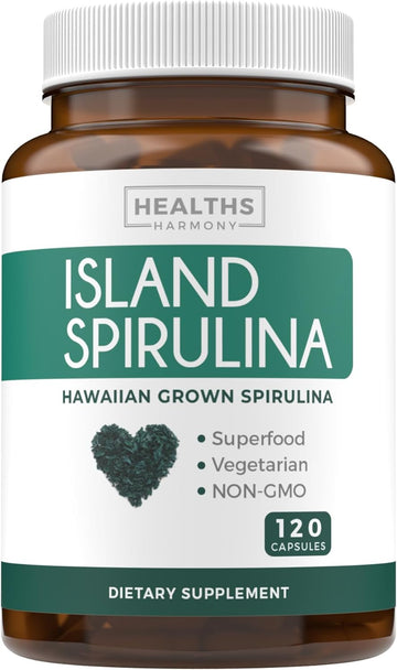 Healths Harmony Spirulina Capsules (Non-GMO) 120 Vegetarian Capsules 500mg - Grown in Hawaii USA - Blue Green Algae Vegan Superfood from Spirulina Powder - Gluten Free & Non-Irradiated - No Tablets