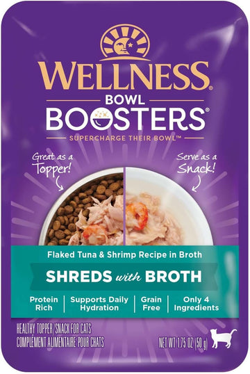 Wellness Bowl Boosters Grain Free Wet Cat Food Topper, Flaked Tuna & Shrimp Recipe In Broth, 1.75 Ounce Pouches (Pack Of 12)