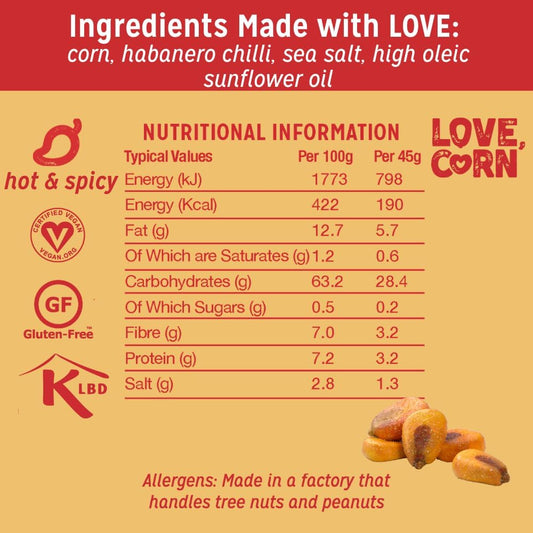 Love Corn Habanero Chilli Crunchy Corn Snack 45G X 10 Bags – Healthy Snacks Ideal For Gluten Free & Vegan Diets – Low Sugar Alternative For Crisps, Mixed Nuts & Pretzels – Perfect To Graze On