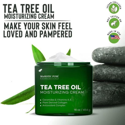 Majestic Pure Tea Tree Oil Moisturizing Cream - Body, Foot & Face Moisturizer - With Ceramides, Vitamins A E & Vegan Collagen - For Dry Skin, Oily Skin, & Appearance Of Wrinkles - 16 Oz