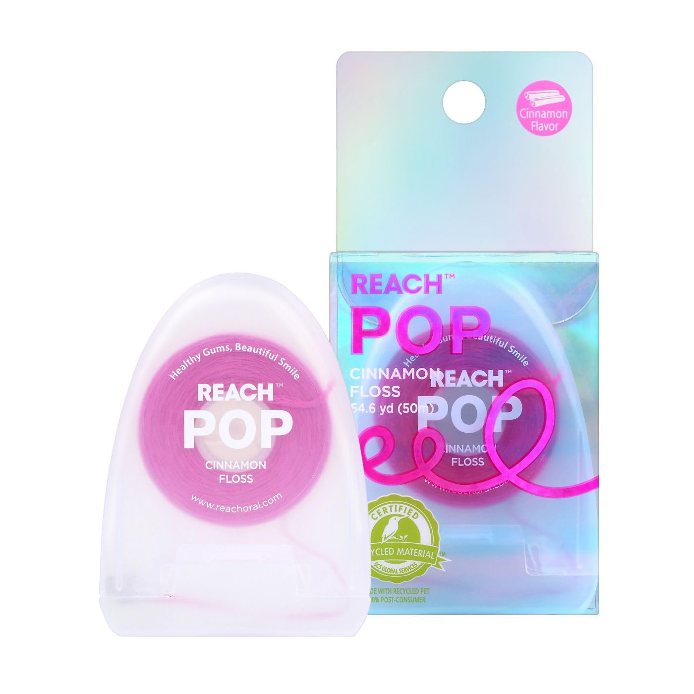 REACH POP Dental Floss | Vegan Wax & PFAS-Free | Durable & Shred Resistant | Slides Smoothly & Easily | Effective Plaque Removal | Pink Color Floss | Cinnamon, 54.7 Yard