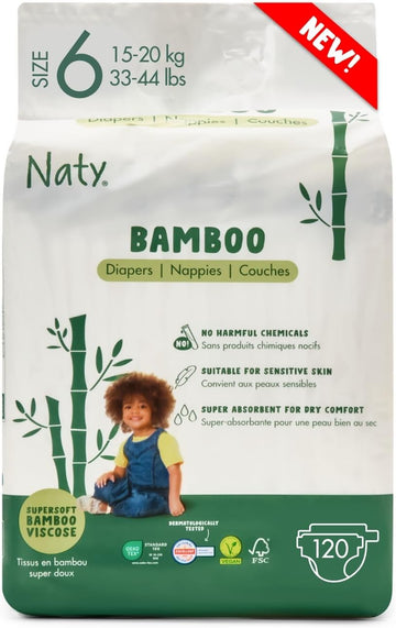 Naty Bamboo Viscose Baby Diapers – Silky Soft, Plant Based, Dermatologically Tested For Sensitive Skin & Super Absorbent (Size 6, 120 Count)