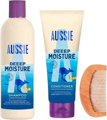 Deep Moisture Shampoo & Conditioner Bundle - 1X Aussie Deeep Shampoo 300Ml, 1X Conditioner 200Ml & 1X Chg Hair Comb - Jojoba Avocado Ultra-Rich Intense Moisture For Dry Thick Curly Hair
