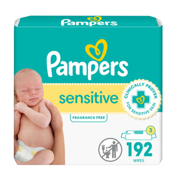 Pampers Sensitive Baby Wipes, Water Based, Hypoallergenic And Unscented, 3 Refill Packs (192 Wipes Total)