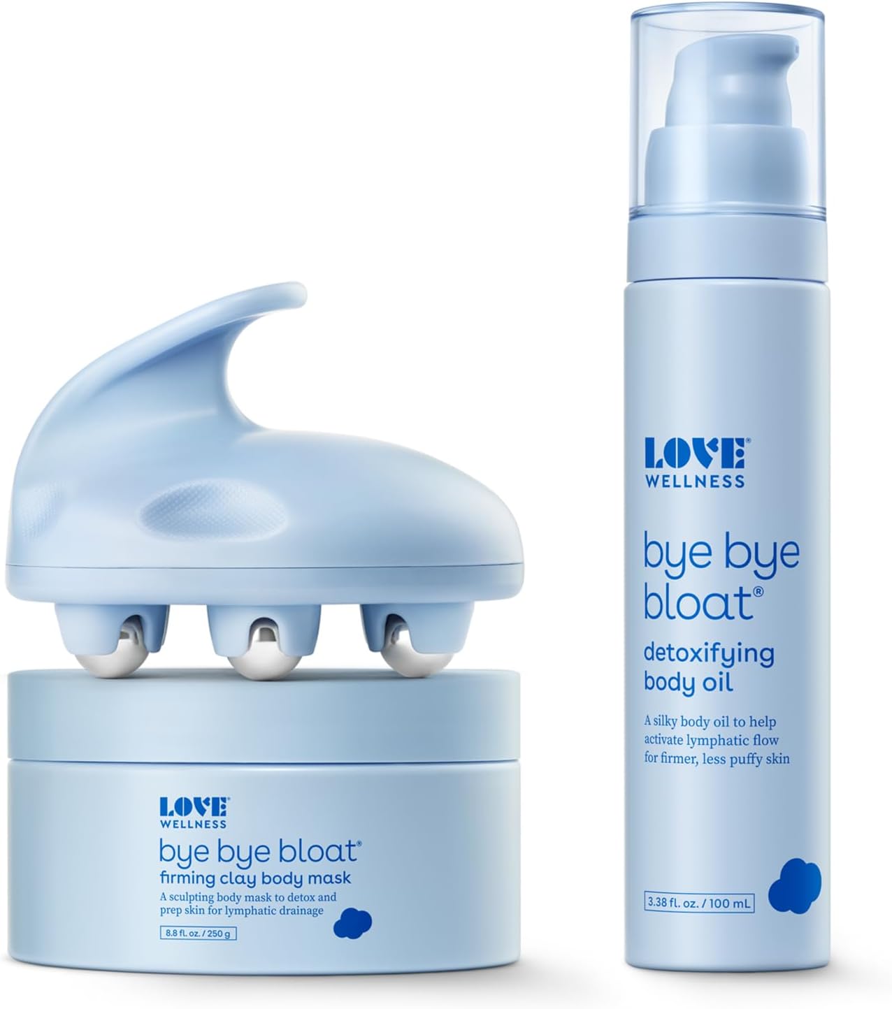 Love Wellness Bye Bye Bloat Depuff & Sculpt Kit | Includes Firming Clay Body Mask, Detoxifying Body Oil, And Lymphatic Massage Roller | Supports Lymph Node Drainage, Skin Hydration & Bloating Relief