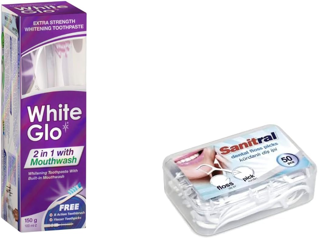 White Glo 2In1 With Mouthwash Whitening Toothpaste 100Ml &Toothbrush (With Sanitral 50 Pcs Dental Floss Stick Included As A Gift)