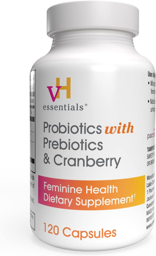 vH essentials Probiotics with Prebiotics and Cranberry Feminine Health Supplement - 120 Capsules and Personal Cleansing Spray Bundle