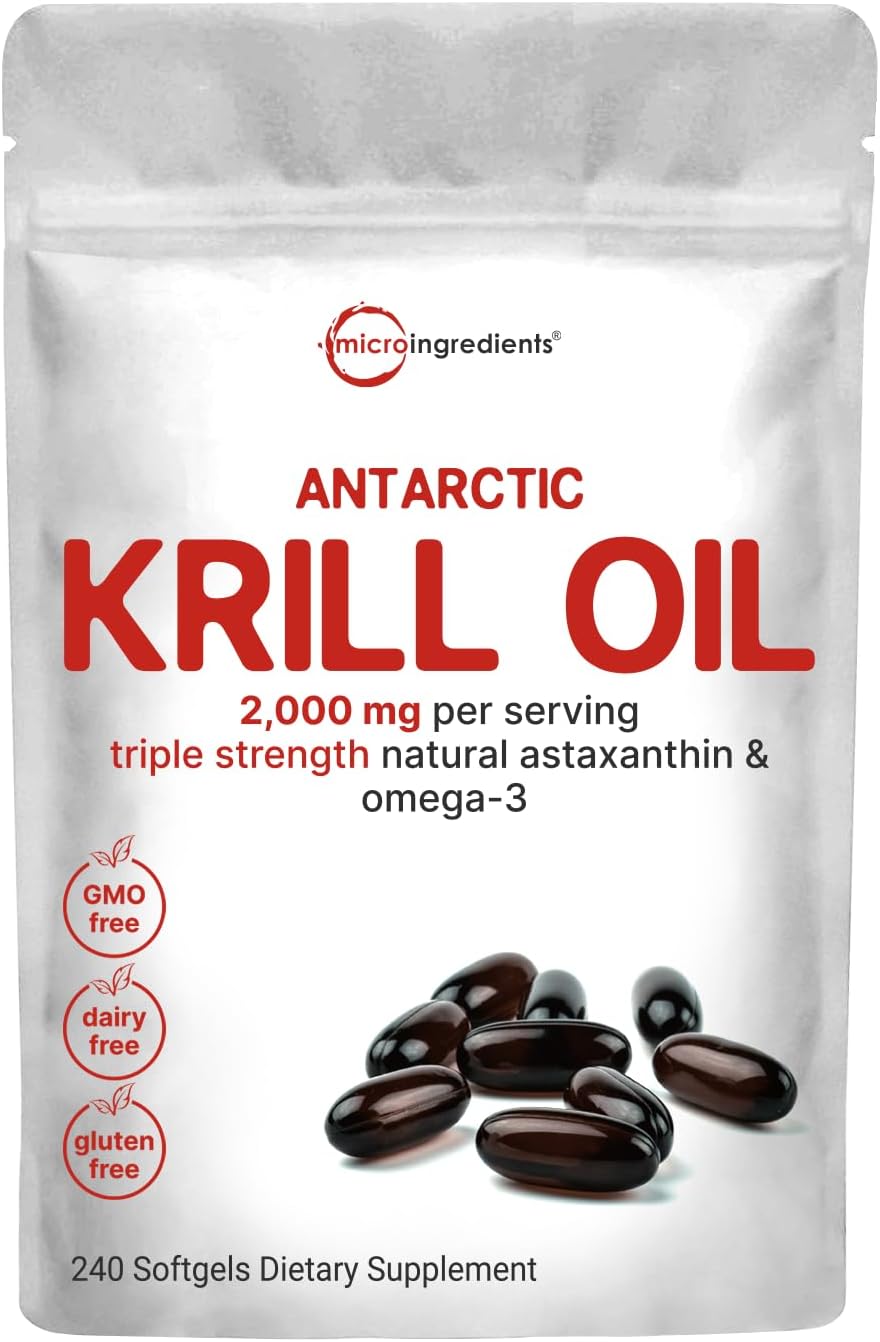Micro Ingredients Antarctic Krill Oil Supplement, 2,000Mg Per Serving, 240 Softgels, Triple Strength, Rich In Omega-3S Epa, Dha & Natural Astaxanthin, Supports Immune System & Brain Health