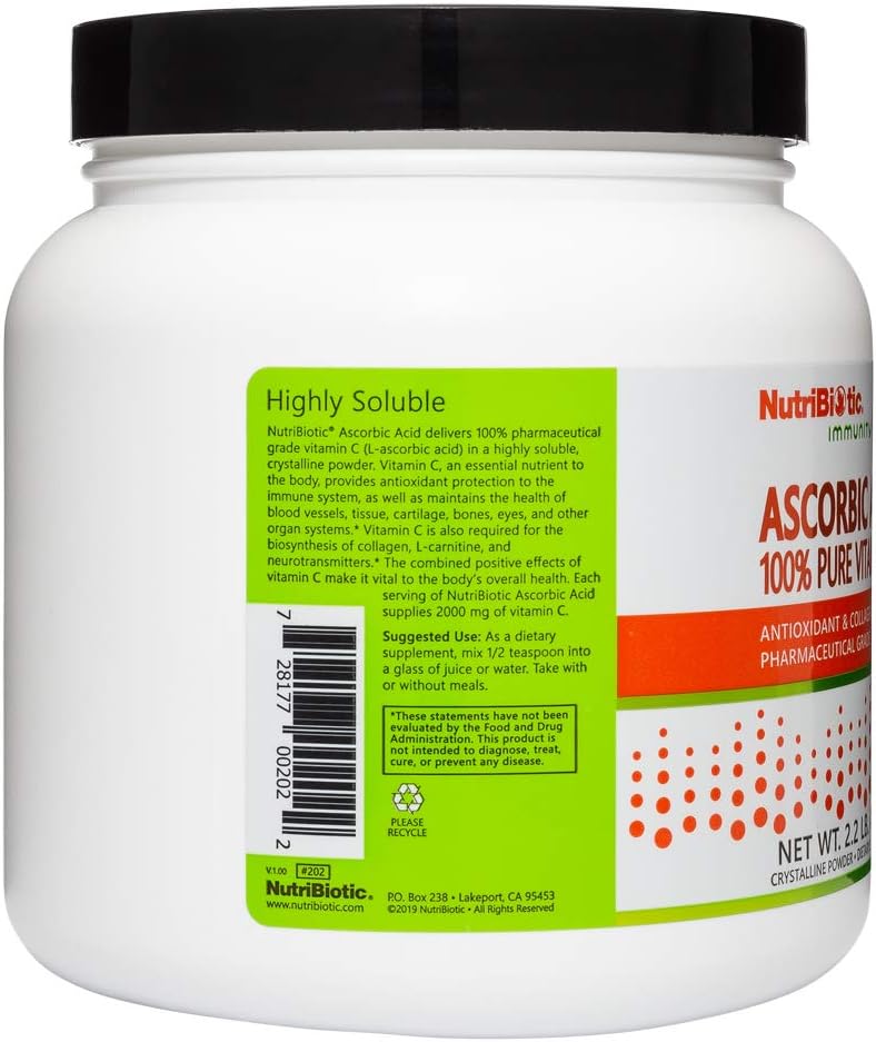 NutriBiotic Ascorbic Acid Vitamin C Powder, 2.2  | Pharmaceutical Grade L-Ascorbic Acid, 2000 Mg Per Serving | Essential Immune & Antioxidant Collagen Support Supplement | Vegan, Gluten & GMO Free