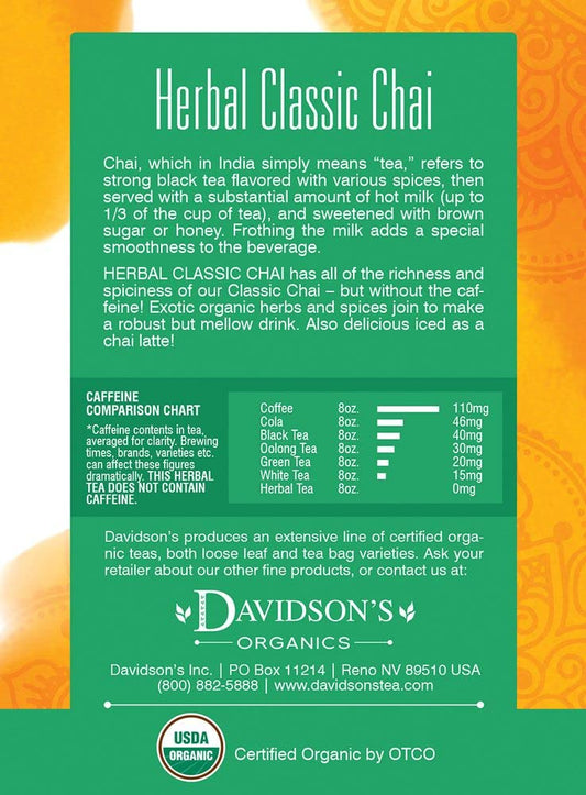 Davidson'S Organics, Herbal Classic Chai, 8-Count Tea Bags, Pack Of 12