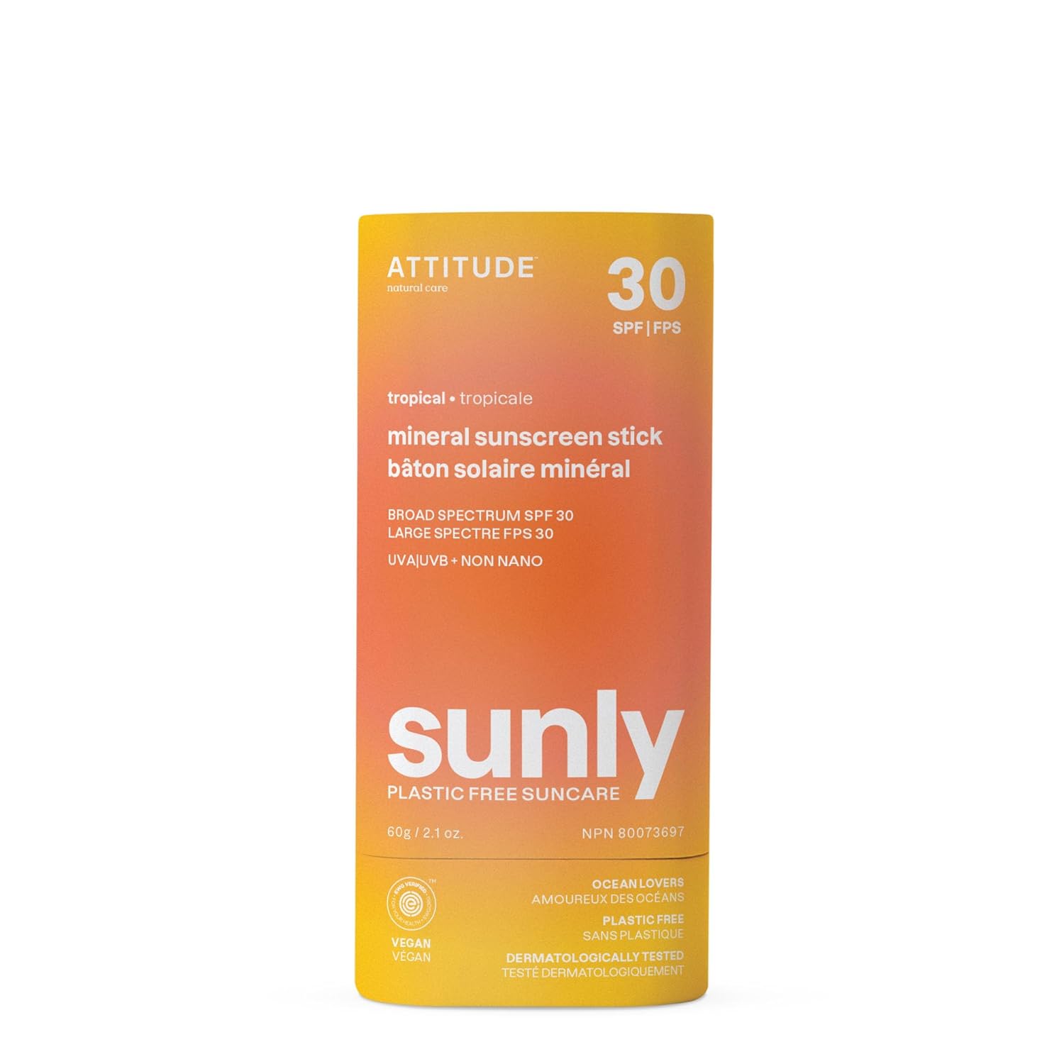 ATTITUDE Mineral Sunscreen Stick with Zinc Oxide, SPF 30, EWG Verified, Plastic-Free, Broad Spectrum UVA/UVB Protection, Dermatologically Tested, Vegan, Tropical, 2.1 Ounces