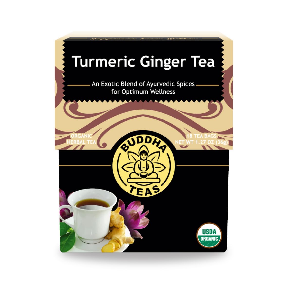 Buddha Teas Organic Turmeric Ginger Tea - Ou Kosher, Usda Organic, Ccof Organic, 18 Bleach-Free Tea Bags
