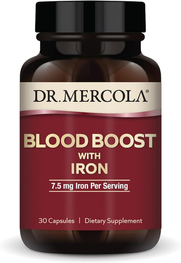 Dr. Mercola Blood Boost with Iron, 30 Servings (30 Capsules), 7.5 mg Iron Per Serving, Dietary Supplement, Supports Energy Production, Non-GMO