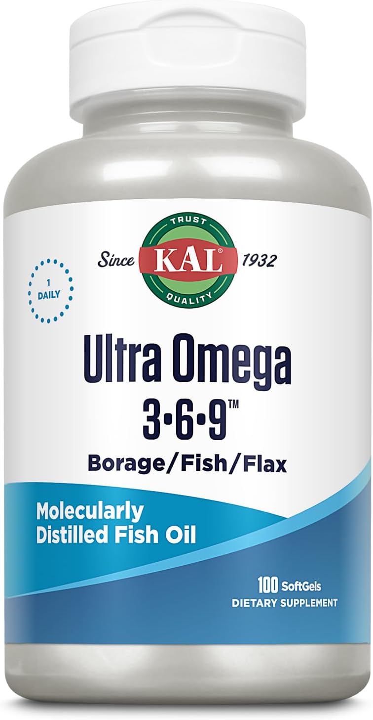 KAL Ultra Omega 3-6-9 1200mg | Fish Oil w/Cold Pressed Flaxseed & Borage Oil | Skin, Hair, Heart, Memory | 100 Softgels