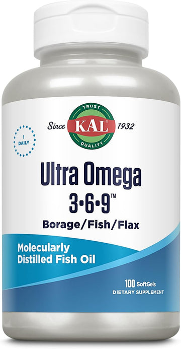 KAL Ultra Omega 3-6-9 1200mg | Fish Oil w/Cold Pressed Flaxseed & Borage Oil | Skin, Hair, Heart, Memory | 100 Softgels