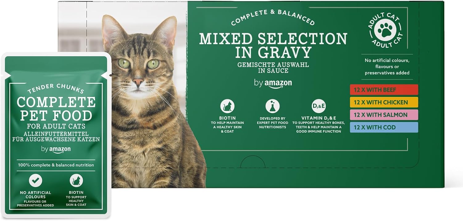 By Amazon Complete Food For Adult Cats, Gravy Mixed Selection, 4.8 Kg (48 Packs Of 100G)Cz801055-02/ Cz843