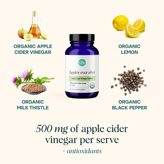 Ora Organic Apple Cider Vinegar Pills - Acv Metabolism Booster, Detox Cleanse, Weight Management - Organic Apple Flavor, 1 Month Supply, 60 Vegan Tablets