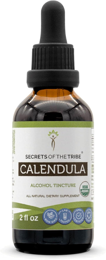 Secrets of the Tribe Calendula Tincture Alcohol Extract, USDA Organic Calendula (Calendula Officinalis) Dried Flower Tincture Supplement (2 FL OZ)
