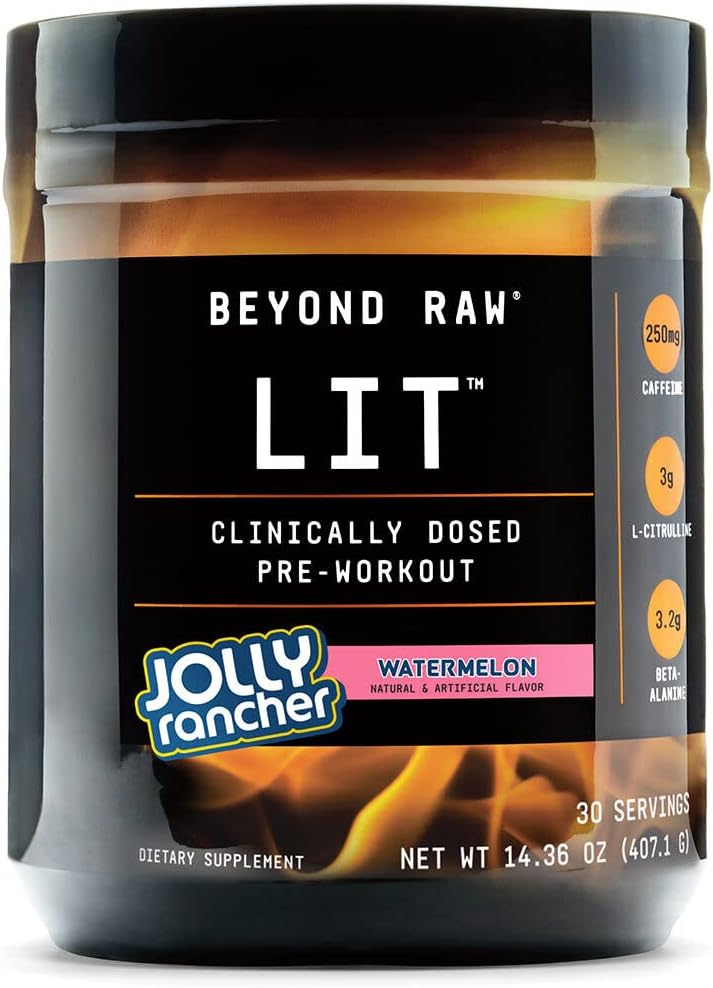 BEYOND RAW LIT | Clinically Dosed Pre-Workout Powder | Contains Caffeine, L-Citrulline, and Beta-Alanine, Nitric Oxide and Preworkout Supplement | Jolly Rancher Watermelon | 30 Servings