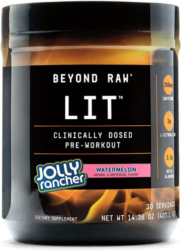 Beyond Raw Lit | Clinically Dosed Pre-Workout Powder | Contains Caffeine, L-Citruline, And Beta-Alanine, Nitrix Oxide And Preworkout Supplement | Jolly Rancher Watermelon | 30 Servings