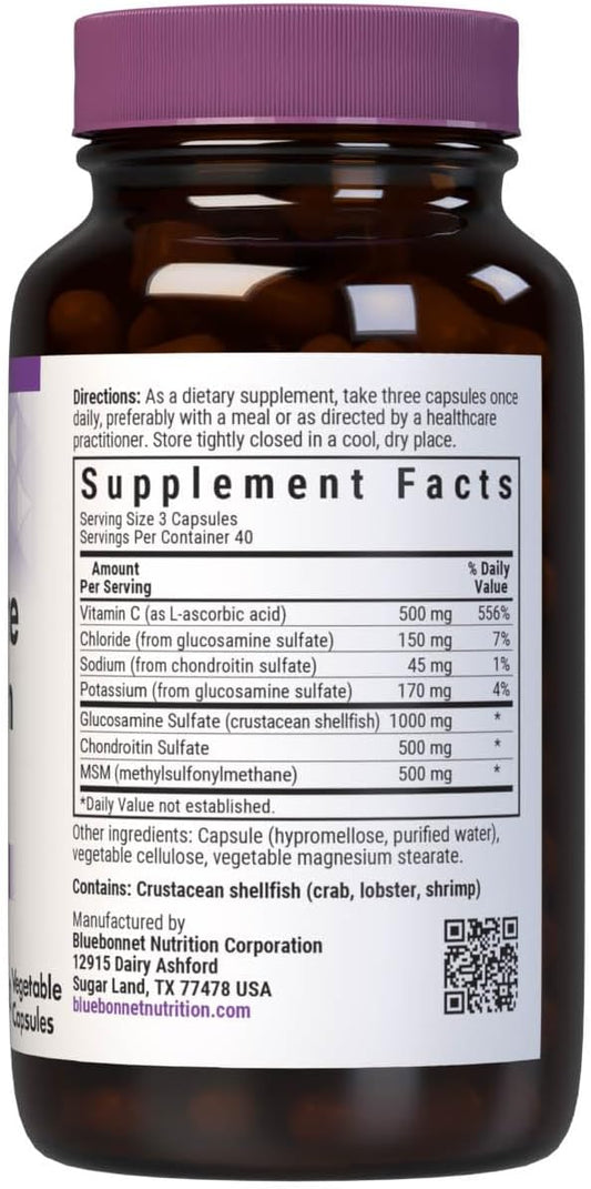 Bluebonnet Nutrition Glucosamine Chondroitin & Msm, Glucosamine, Bone & Joint Health*, Non-Gmo, Gluten-Free, Soy-Free, Dairy-Free, 120 Vegetable Capsules, 40 Servings