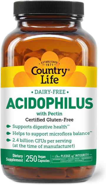 Country Life Acidophilus Probiotic Supplement For Women & Men - Free From Common Allergens - 2.4 Billion Cfus To Support Digestive Health - Dairy-Free, Non-Gmo, 250 Vegan Capsules