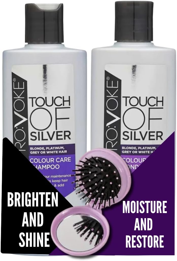 Provoke Touch Of Silver Colour Care Bundle – Neutralising Purple Shampoo & Conditioner (200Ml Each) With Folding Hairbrush And Mirror – Brightens & Protects Colour, Restores Moisture For Radiant Hair