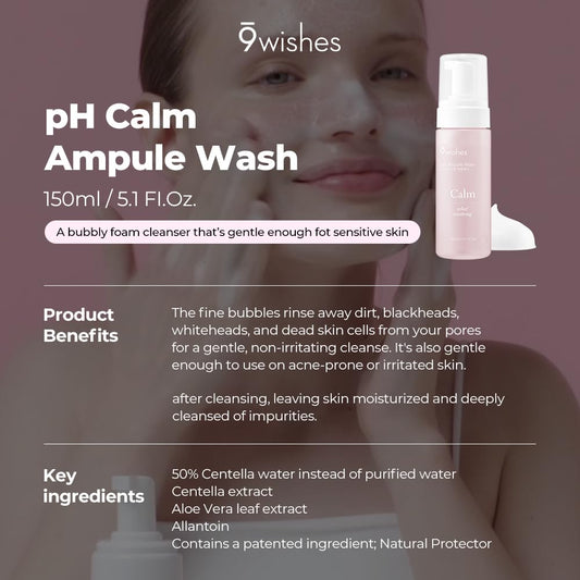 9 Wishes Calm Ph Ampule Wash 5.1 Fl.Oz, E150Ml | Hypoallergenic Bubble Facial Cleanser With 53% Centella Asiatica Extract | Maintaining Ph Balance, Dry Sensitive Skin Soothing, Calming Korean Skincare