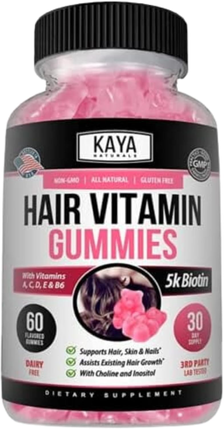 Kaya Naturals Hair Growth Gummies - Biotin 5000Mcg Vitamins For Healthy Hair, Skin, And Nails - Beauty Supplement For Women Or Men - 60 Count - Blueberry Flavor