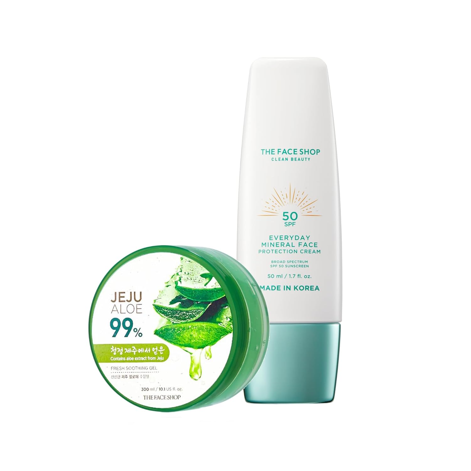 The Face Shop Everyday Mineral Sunscreen Spf 50 & Jeju Aloe Soothing Gel - Broad Spectrum & Water Resistant Korean Sunscreen, Moisturizing Gel With Aloe Vera Extract For Face, Body & Sun Burn Care