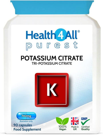 Health4All Potassium Citrate 740Mg Per Capsule 90 Capsules, Purest High Elemental Potassium, Vegan Electrolyte Supplement For Normal Blood Pressure & Muscle Function (Not Tablets) | Made In Uk