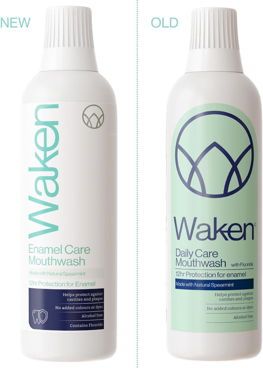 Waken Enamel Care Mouthwash, Alcohol Free With Natural Mint Extracts, 12Hr Protection, Vegan, Fluoride Mouthwash For Enamel, Clean Teeth, Fresh Breath & Oral Care, No Artificial Colours Or Dyes, 500Ml