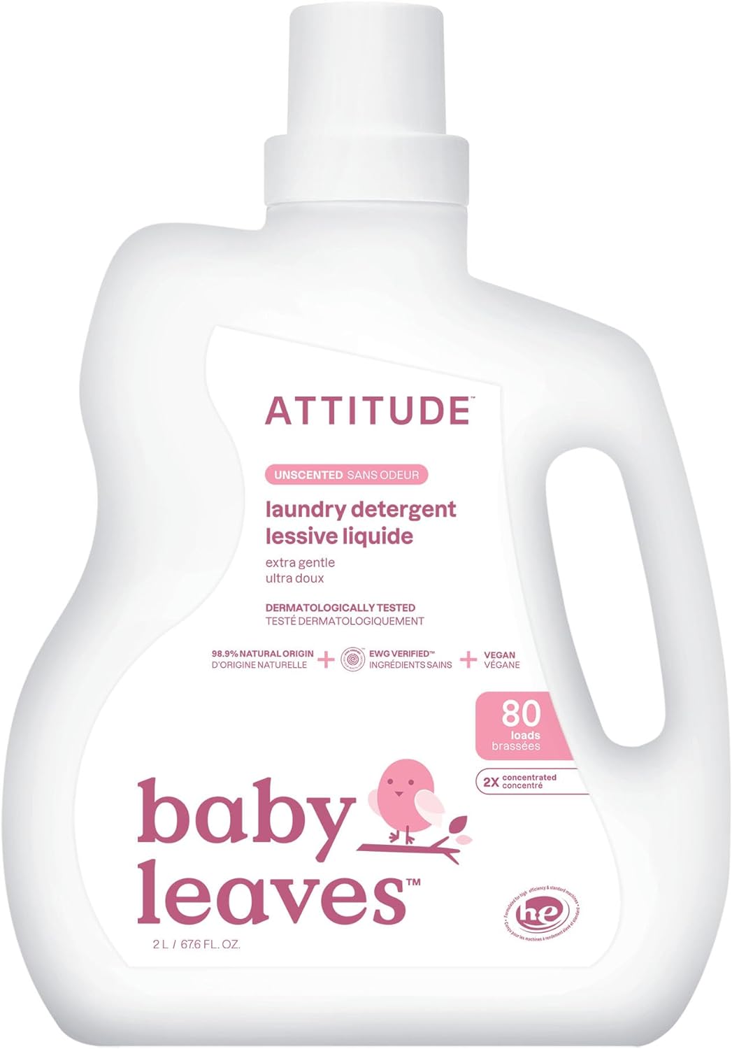 ATTITUDE Baby Laundry Detergent Liquid, EWG Verified, Safe for Baby Clothes, Infant and Newborn, Vegan and Naturally Derived Washing Soap, HE Compatible, Unscented, 80 Loads, 67.6 Fl Oz