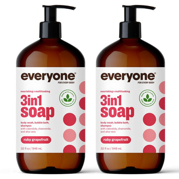Everyone 3-In-1 Soap, Body Wash, Bubble Bath, Shampoo, 32 Ounce (Pack Of 2), Ruby Grapefruit, Coconut Cleanser With Plant Extracts And Pure Essential Oils