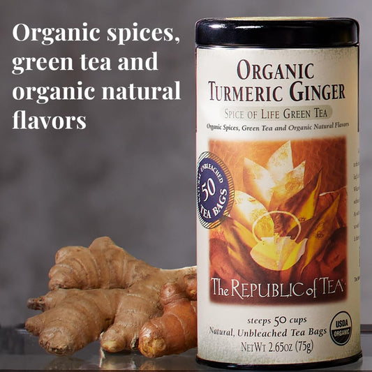 The Republic Of Tea — Organic Turmeric Ginger Green Tea Tin, 50 Tea Bags, Naturally Caffeinated