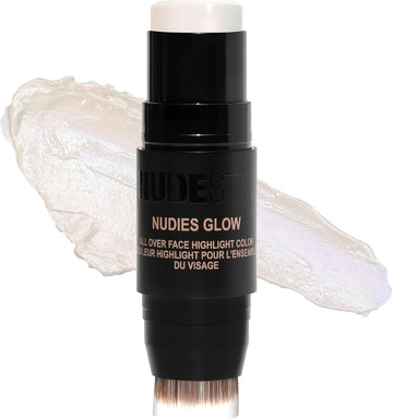 Nudestix Nudies Glow Highlighter Stick W/Blending Brush, Dewy Cream Makeup For Cheeks, Eyes, Lips, Soft Metallic Glowy Face Color And Contour, 0.28 Oz (8G) (Illumi-Naughty)