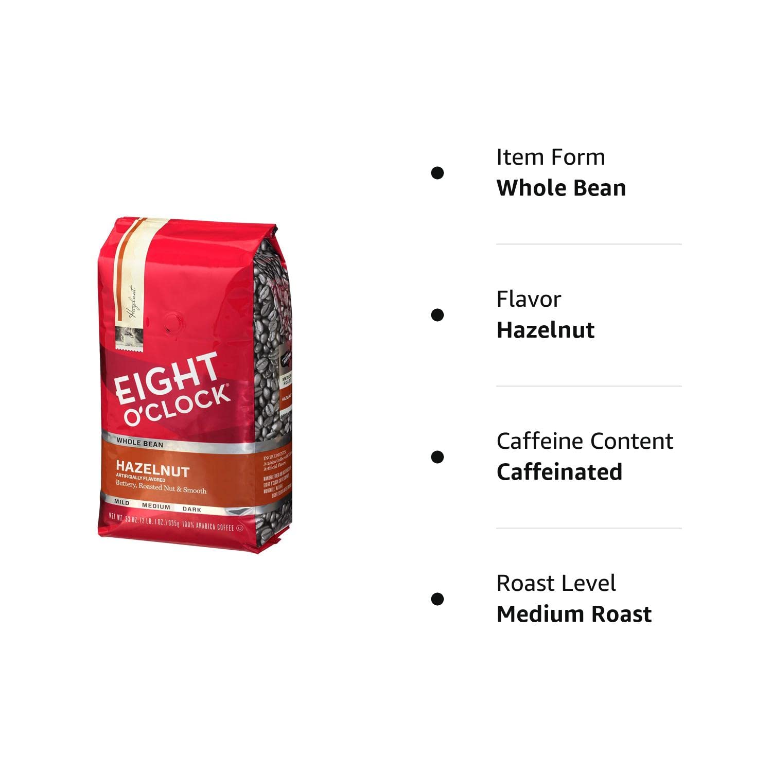 Eight O'Clock Whole Bean Coffee, Hazelnut, 33 Ounce (Pack of 1) : Roasted Coffee Beans : Grocery & Gourmet Food