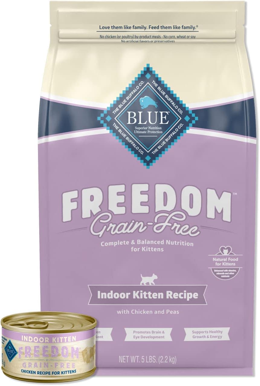 Blue Buffalo Freedom Natural Grain Free Cat Food Indoor Kitten Food Bundle - Dry Cat Food And Wet Cat Food, Chicken (5-Lb Dry Food + 3Oz Cans 24Ct)