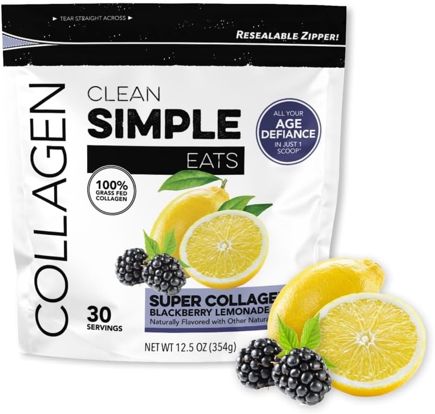 Clean Simple Eats Blackberry Lemonade Super Collagen, Grass-Fed, Hydrolyzed Types I, Ii, & Iii Collagen, 30 Servings