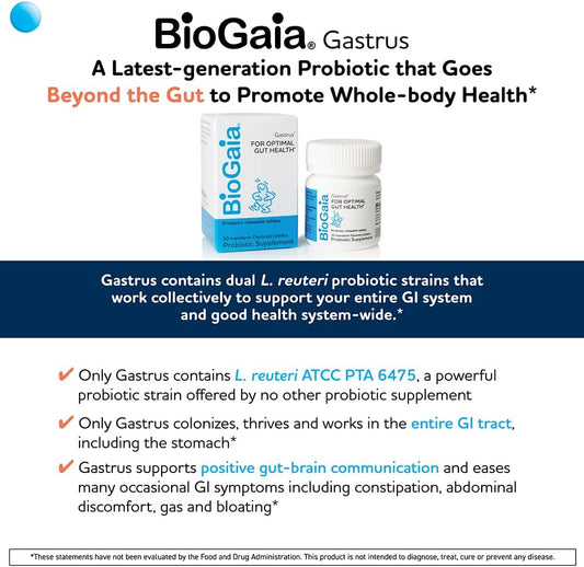 Biogaia Gastrus Chewable Tablets, Adult Probiotic Supplement For Stomach Discomfort, Constipation, Gas, Bloating, Regularity, Non-Gmo, 30 Tablets, 1 Pack