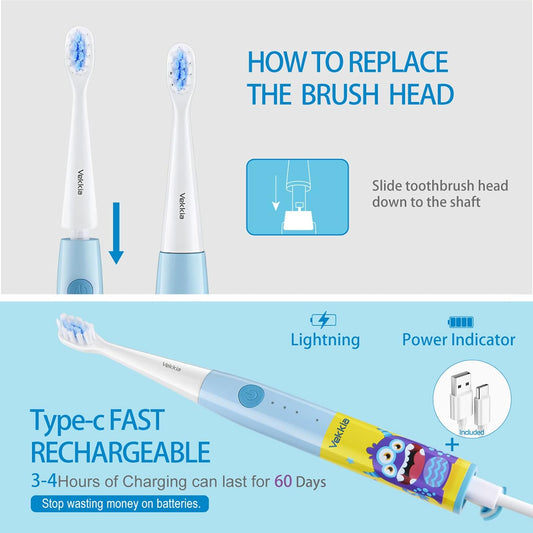 Vekkia Kids Electric Toothbrushes, Kids Toothbrush with 3 Modes and 2-Min Time for Age 3+, IPX7 Waterproof, 4 Soft Bristles(Three-Eyed Monster)