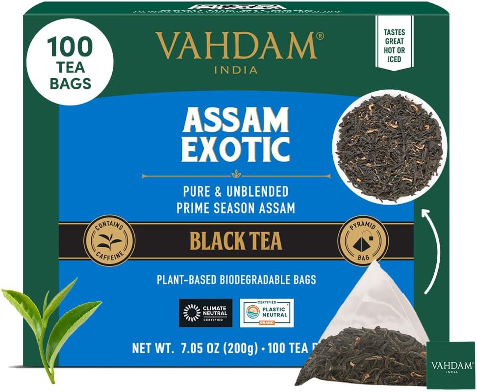 Vahdam, Assam Exotic Black Tea Bags (100 Count) High Caffeine, Gluten Free, Full Bodied | Pyramid Tea Bags | Strong, Robust & Flavoury | Direct From Source